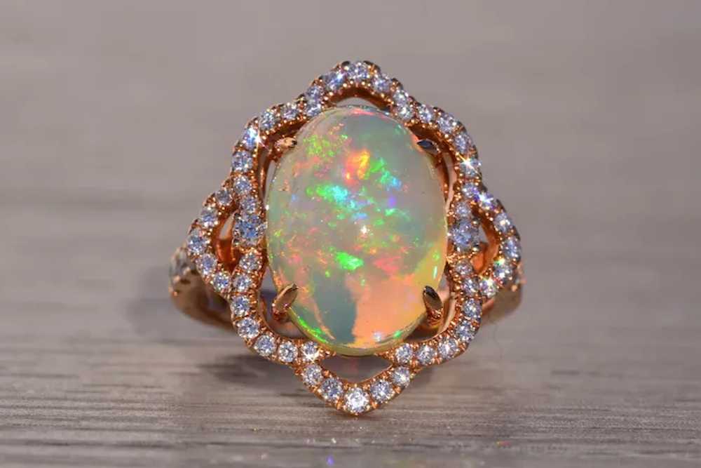 Cabochon Natural Opal and Diamond Ring in Rose Go… - image 6