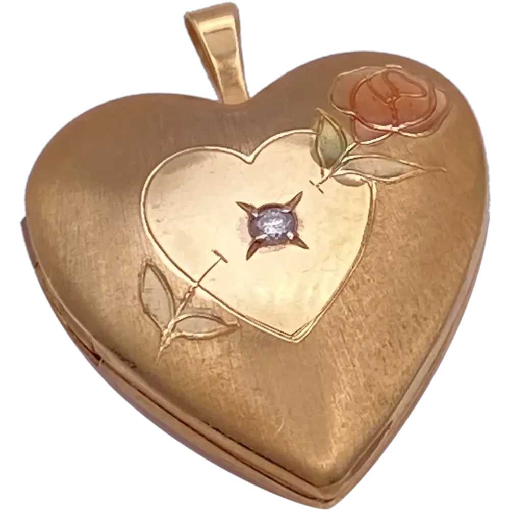 Vintage Heart Locket Pendant 14K Gold Diamond Acc… - image 1