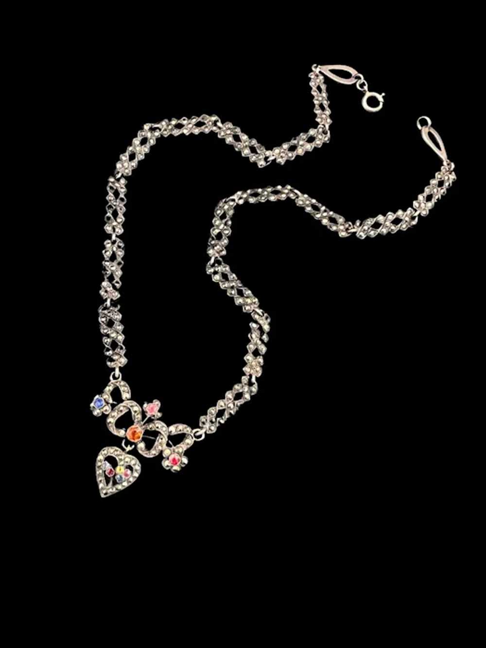 Edwardian Marcasite & Paste Heart Necklace - image 2