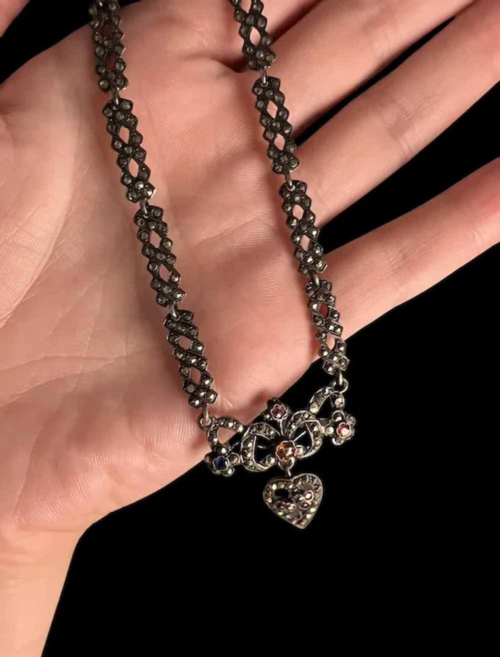 Edwardian Marcasite & Paste Heart Necklace - image 4