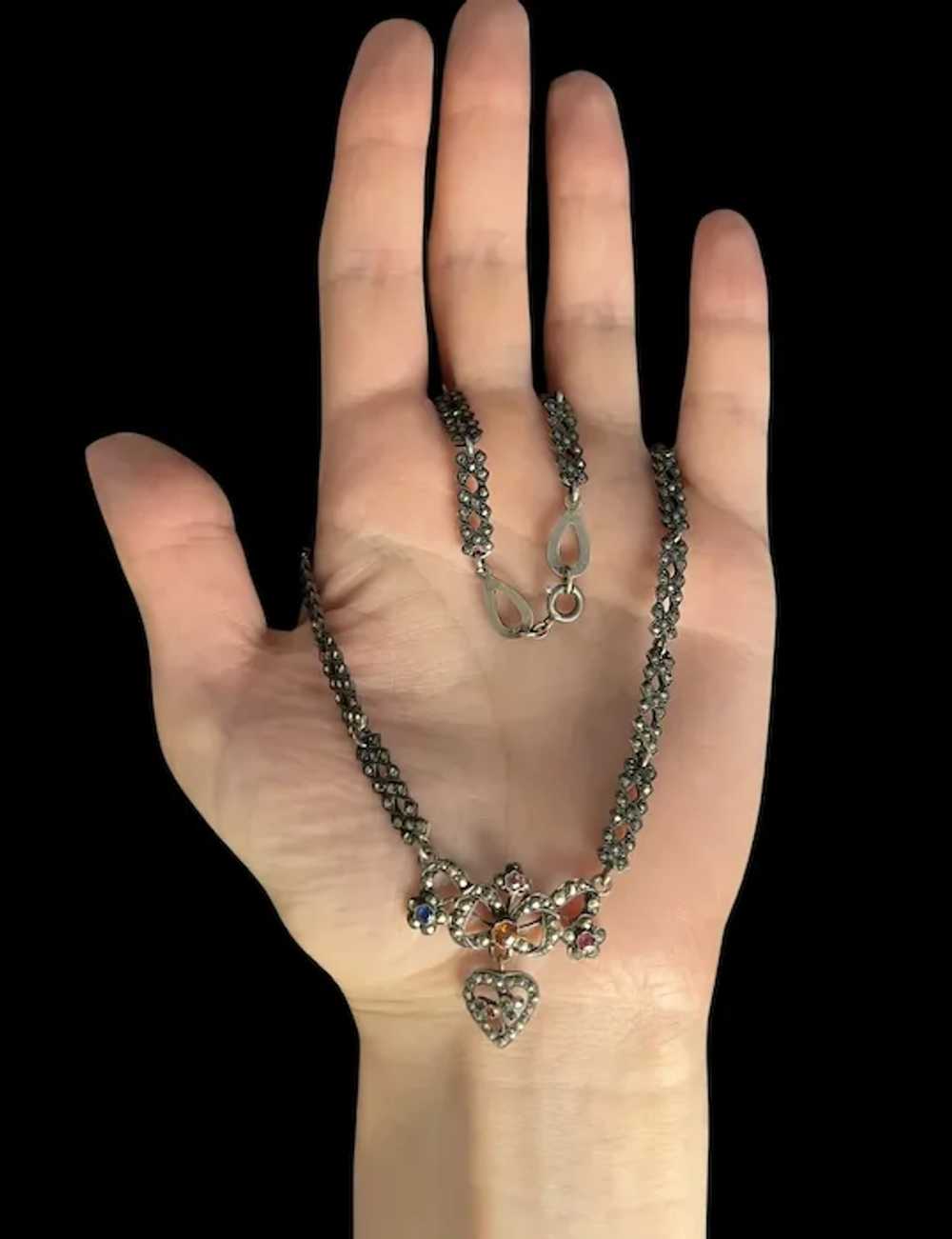 Edwardian Marcasite & Paste Heart Necklace - image 8