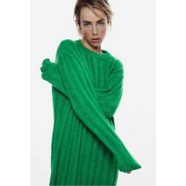 ZARA Mens M Green Long Sleeves Ribbed Knit Mock Neck Full Zip Sweater Cotton
