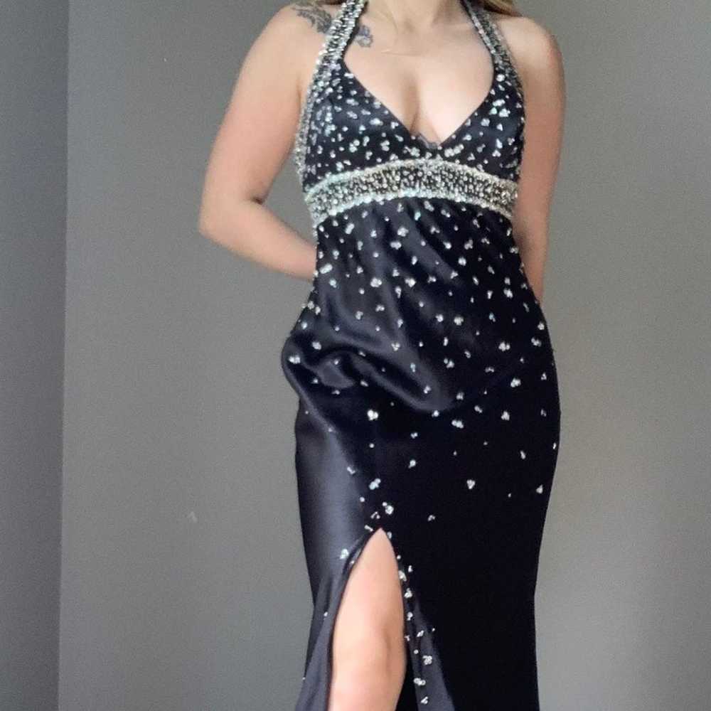 black sequined halter formal dress with slit - image 4