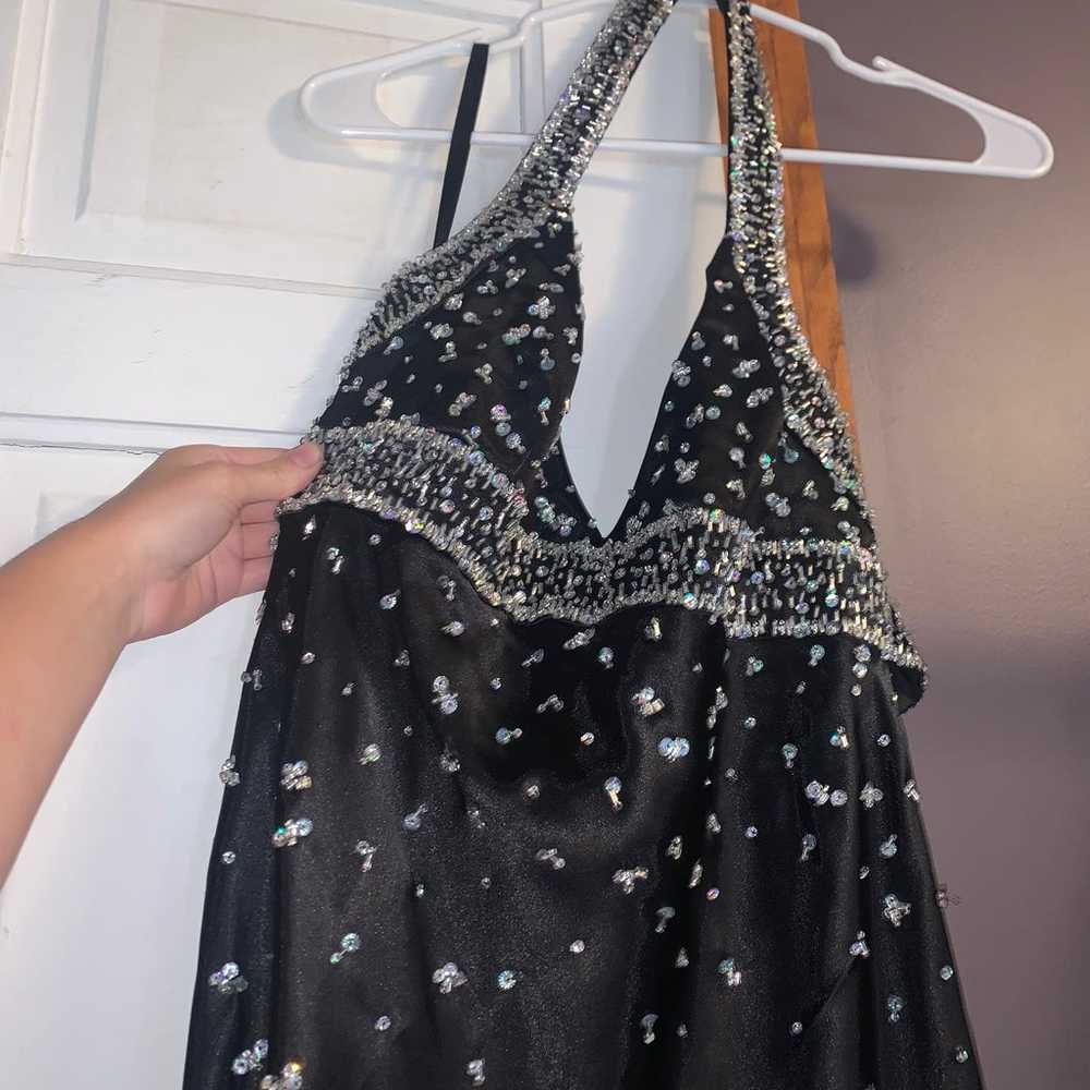 black sequined halter formal dress with slit - image 5