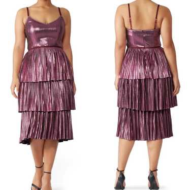 Marchesa Notte Pleated Lame Tiered Midi Cocktail P
