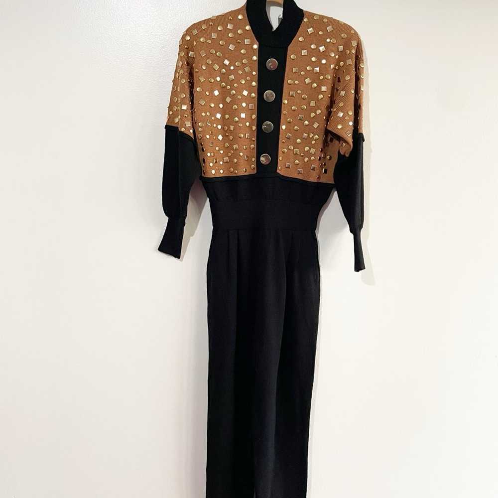 Lillie Rubin Gold Studded Jumpsuit Black Tan Vint… - image 1