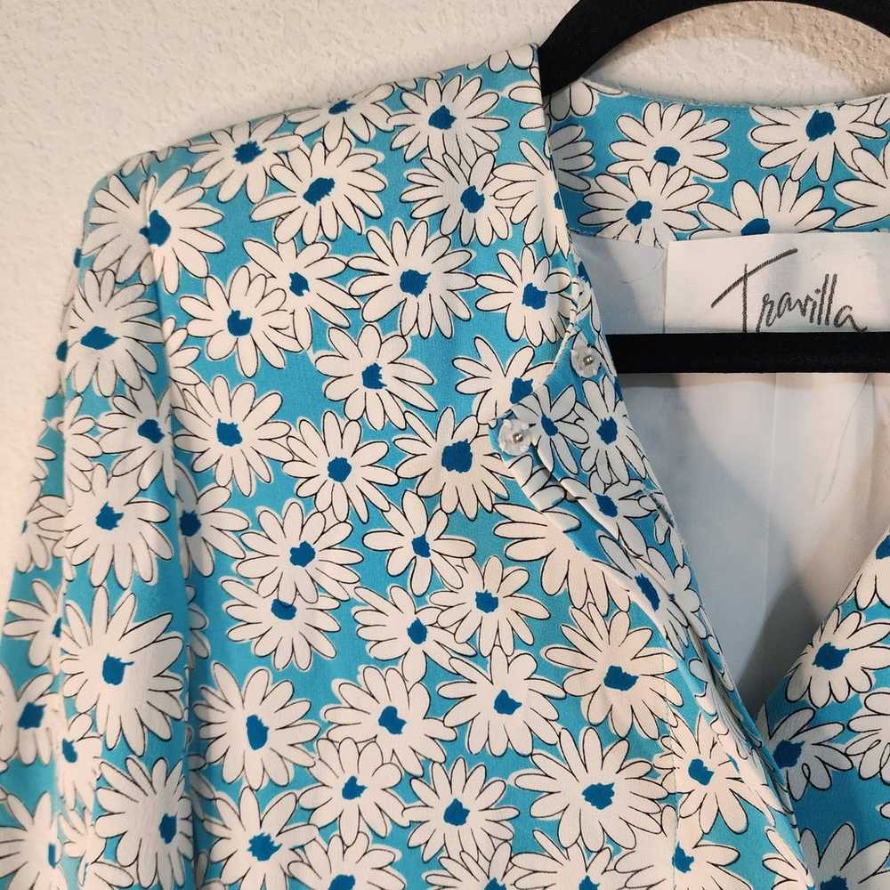 Vintage 80s Travilla Midi dress small blue floral… - image 4