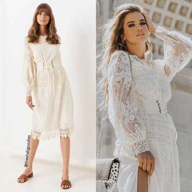 SPELL Dawn Lace Belted Midi Dress Cream White Emb… - image 1