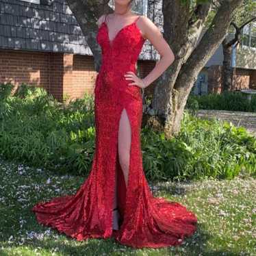 Jovani 06426 Red Floral Appliques High Slit Prom … - image 1
