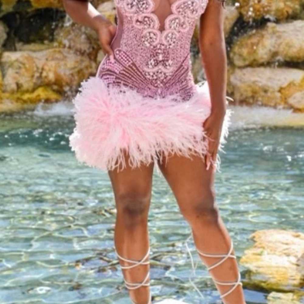 Pink Beaded O Neck Short Prom Birthday Mini Cockt… - image 1
