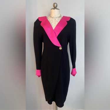 ST JOHN - dress Black Knit Pink Collar And Cuff L… - image 1