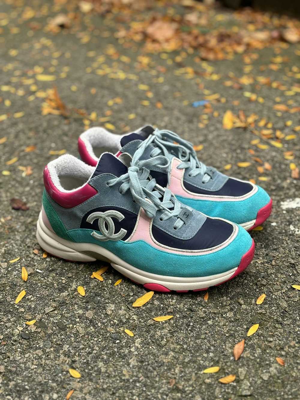 Chanel Teal and Pink CC Sneakers - image 1