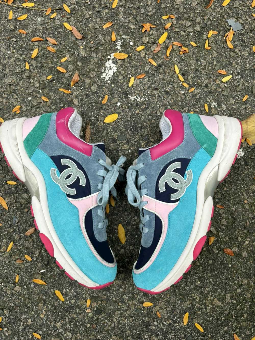 Chanel Teal and Pink CC Sneakers - image 2