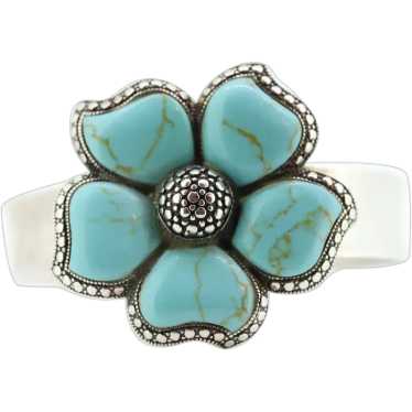 Large Turquoise FLOWER Bangle Cuff Bracelet. Sterl