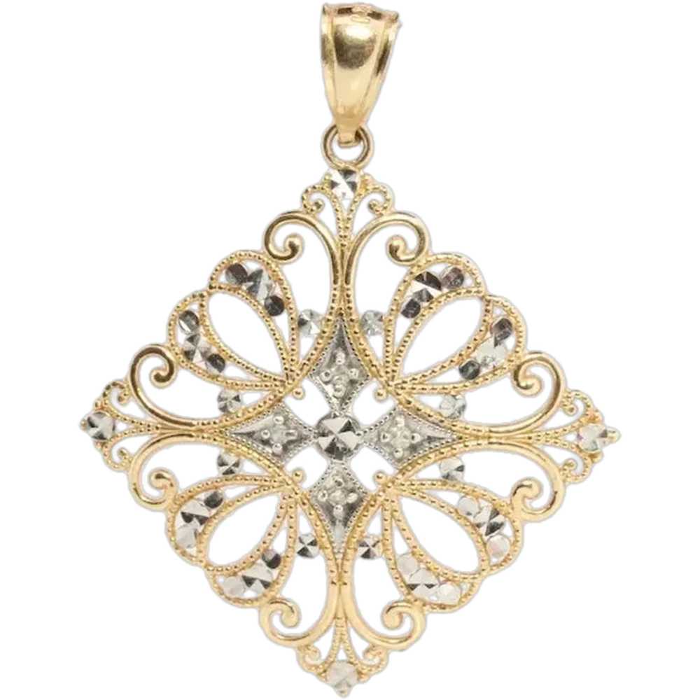 14k Filigree Diamond Pendant Medallion. 14k Gold … - image 1