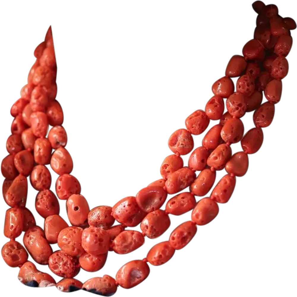 14k Coral Bead Necklace. Multi-Strand Raw Coral b… - image 1