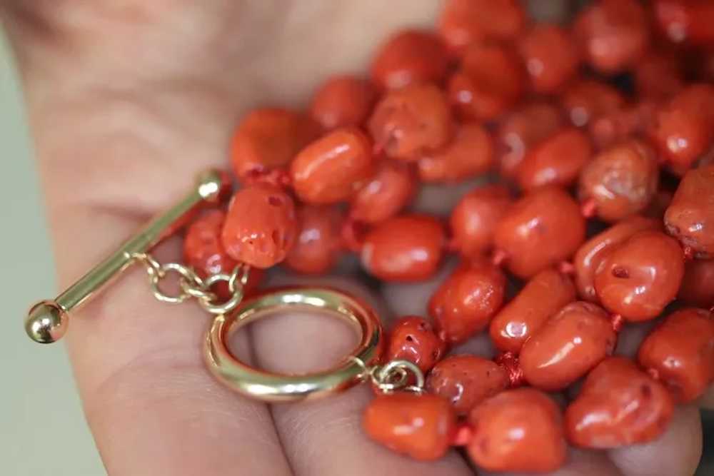 14k Coral Bead Necklace. Multi-Strand Raw Coral b… - image 2