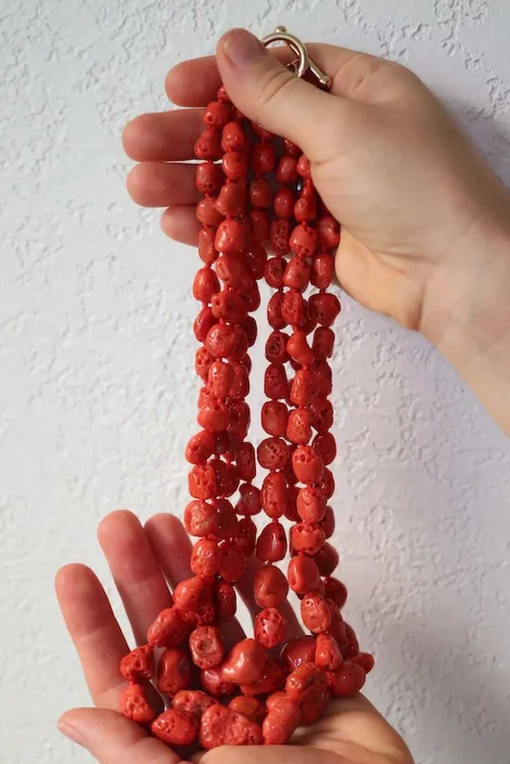 14k Coral Bead Necklace. Multi-Strand Raw Coral b… - image 3