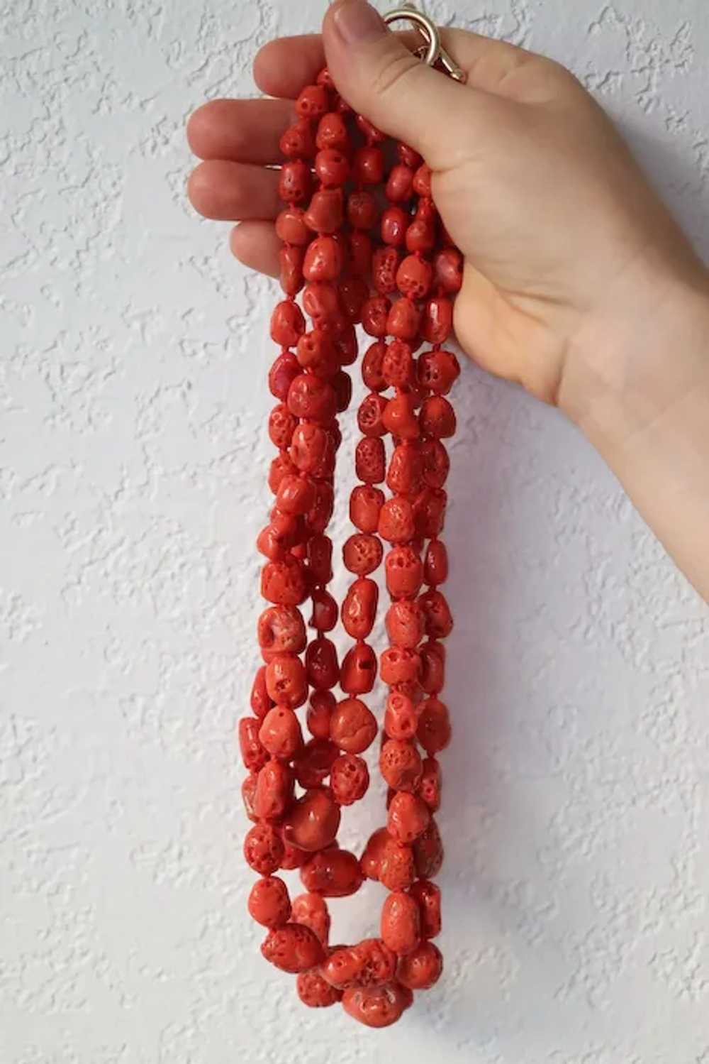 14k Coral Bead Necklace. Multi-Strand Raw Coral b… - image 4