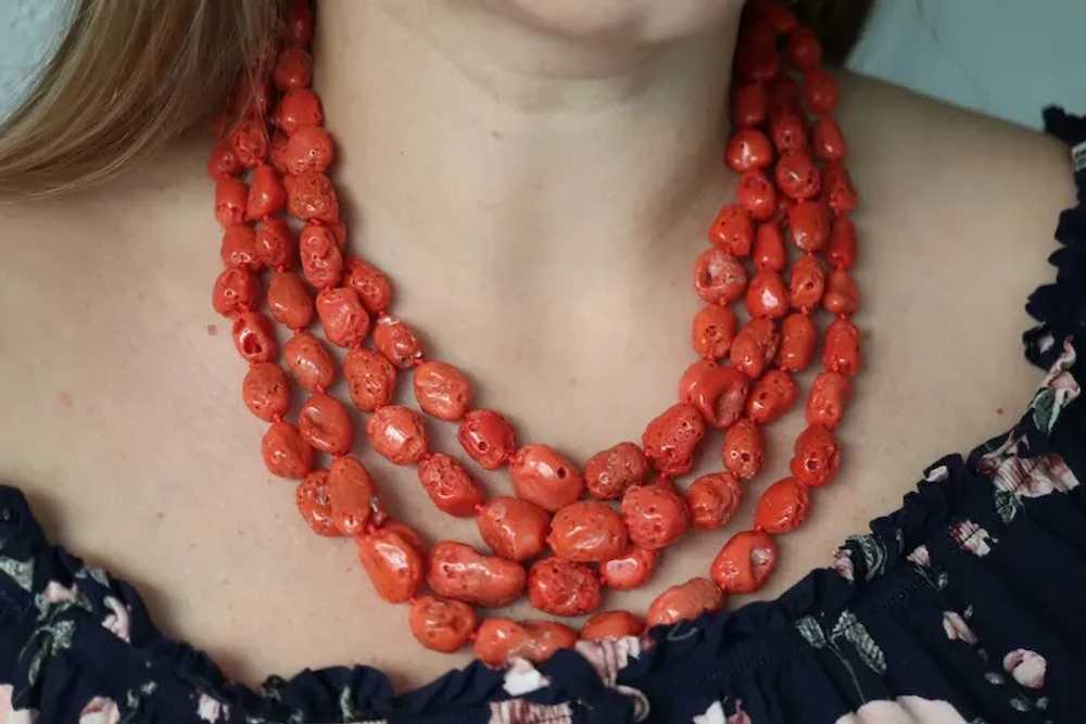 14k Coral Bead Necklace. Multi-Strand Raw Coral b… - image 5