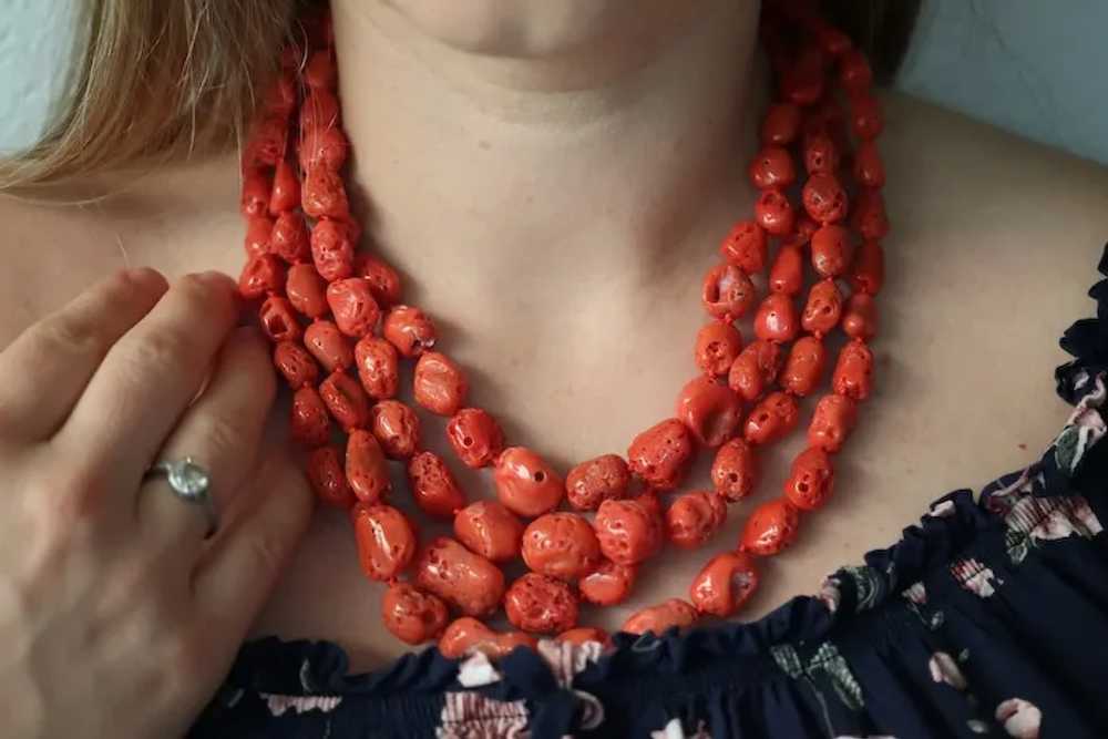 14k Coral Bead Necklace. Multi-Strand Raw Coral b… - image 6