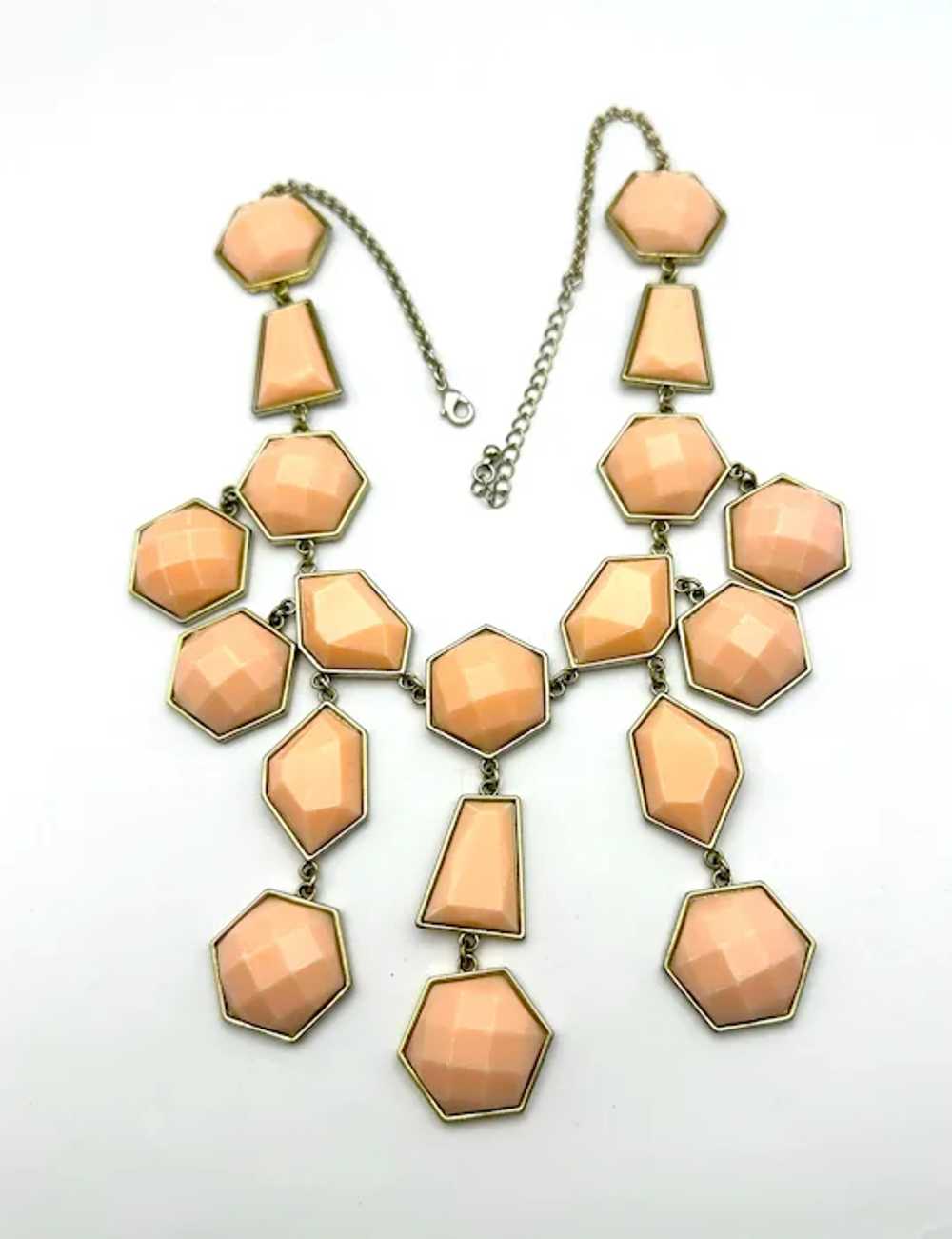 Drop Front Dangling Pink and Goldtone Necklace - image 2