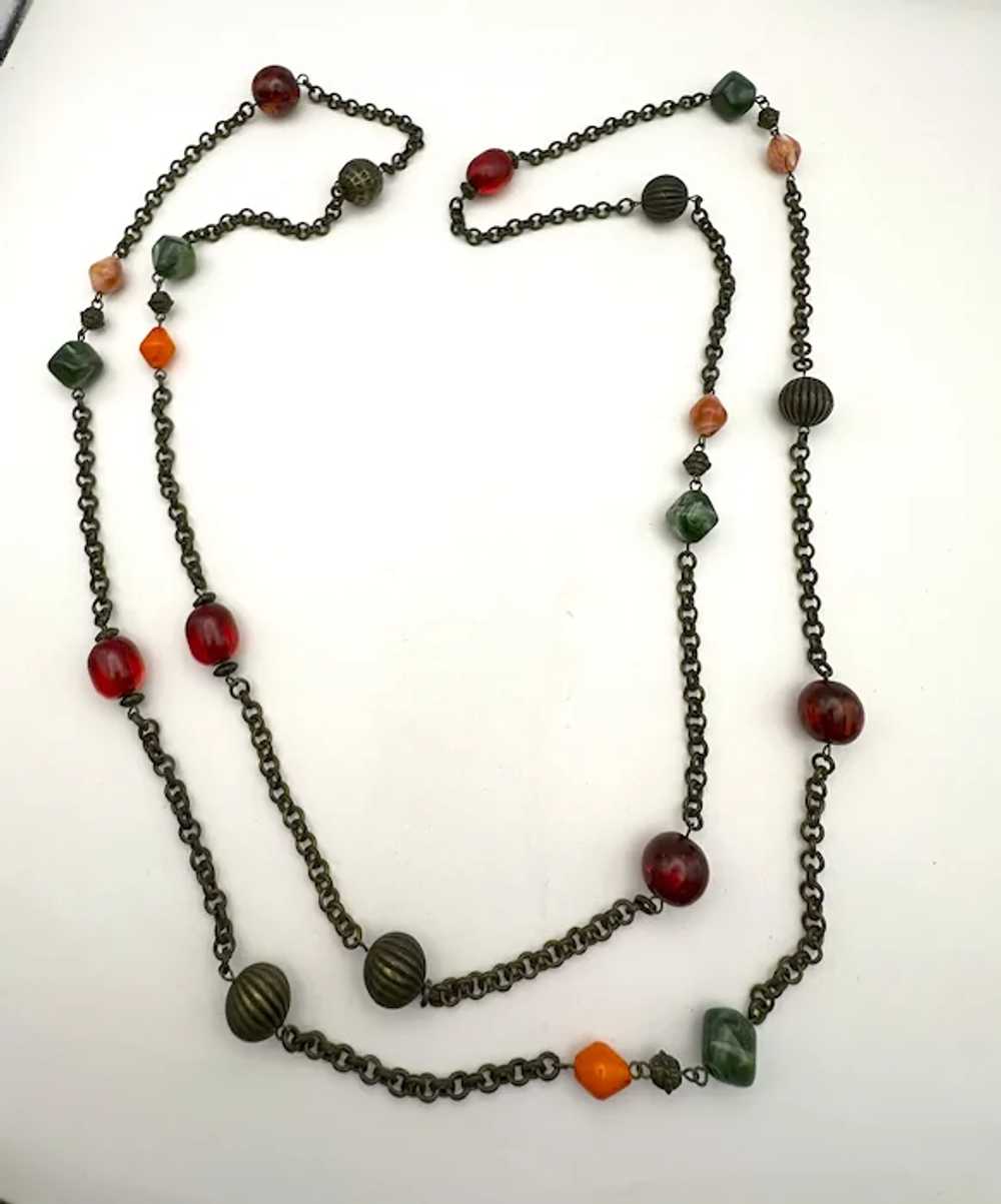 Long Brass Color Chain and Beaded Necklace with P… - image 10