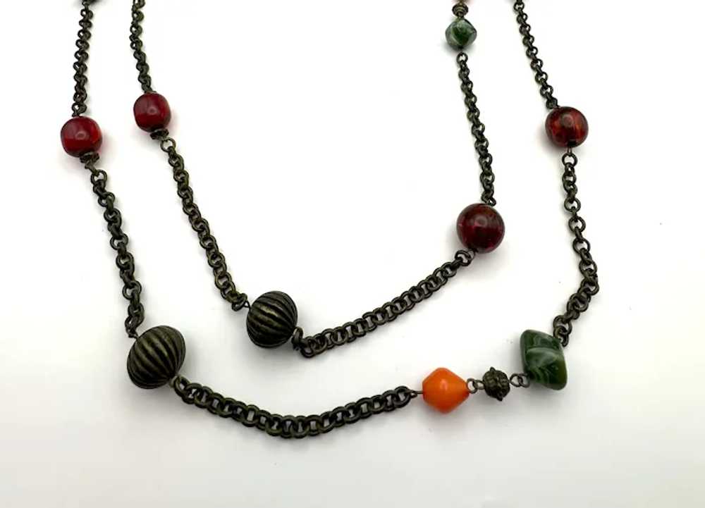 Long Brass Color Chain and Beaded Necklace with P… - image 11