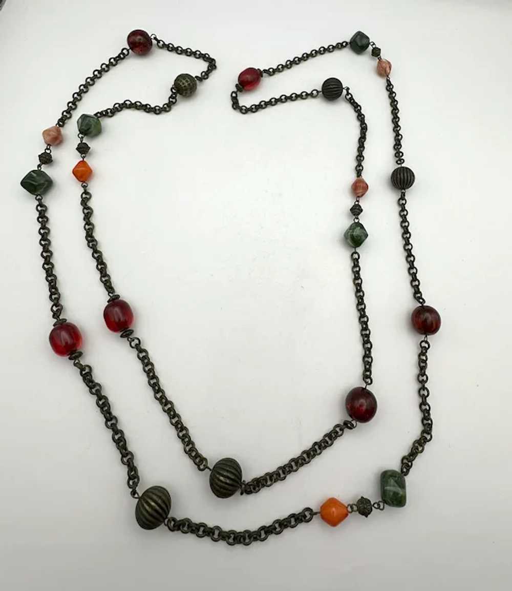 Long Brass Color Chain and Beaded Necklace with P… - image 12