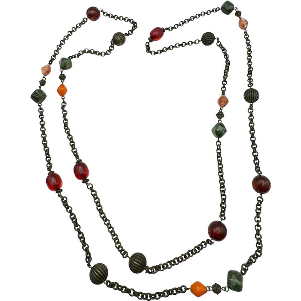 Long Brass Color Chain and Beaded Necklace with P… - image 1