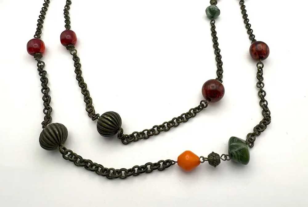 Long Brass Color Chain and Beaded Necklace with P… - image 2