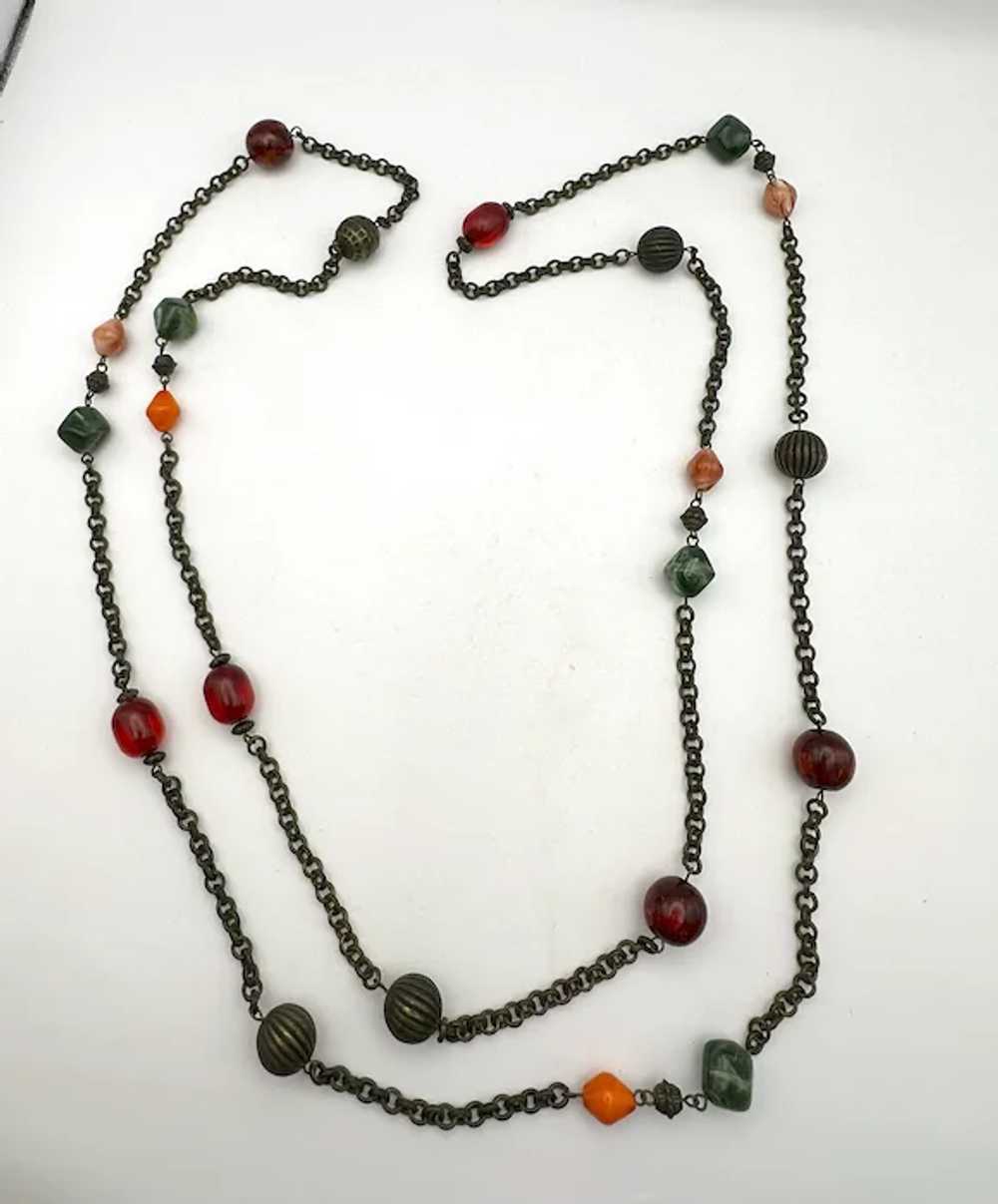 Long Brass Color Chain and Beaded Necklace with P… - image 3