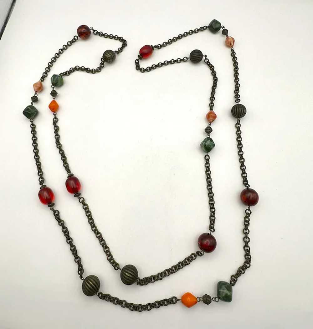 Long Brass Color Chain and Beaded Necklace with P… - image 4