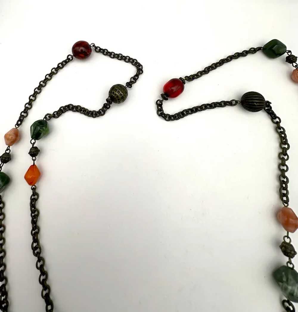 Long Brass Color Chain and Beaded Necklace with P… - image 5