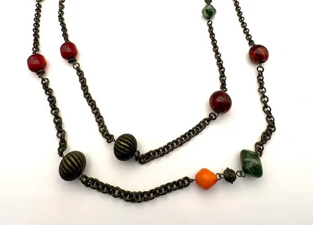 Long Brass Color Chain and Beaded Necklace with P… - image 6