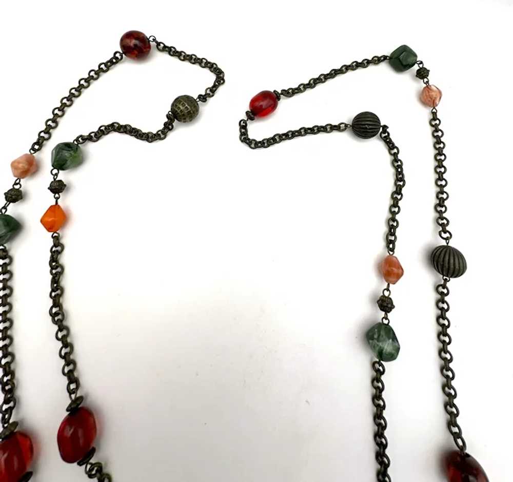 Long Brass Color Chain and Beaded Necklace with P… - image 7