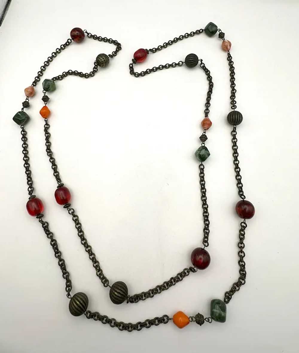 Long Brass Color Chain and Beaded Necklace with P… - image 8