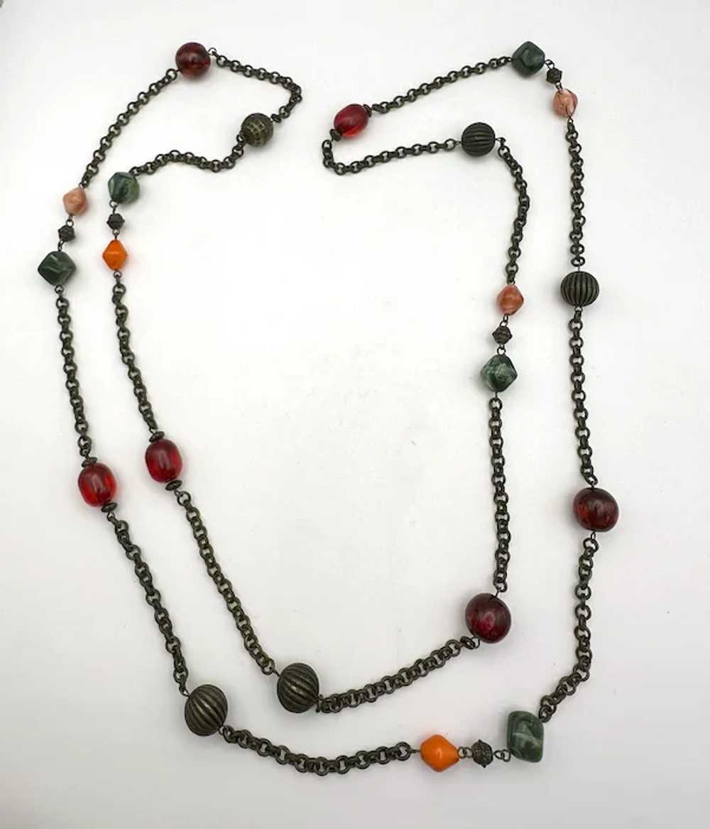 Long Brass Color Chain and Beaded Necklace with P… - image 9