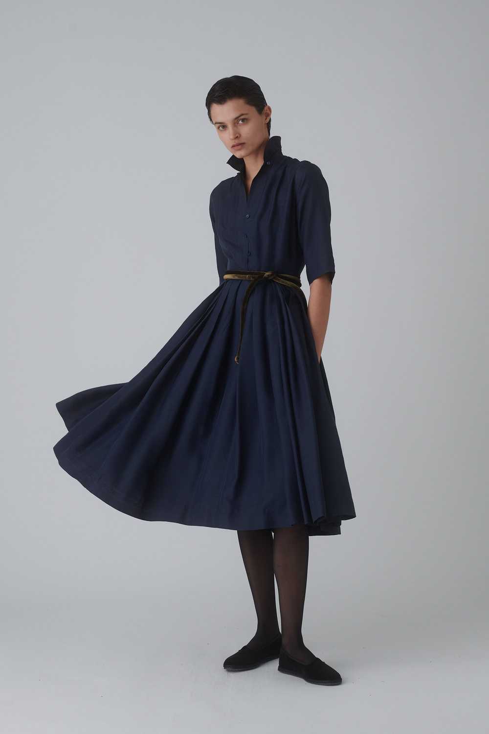 Pleated Navy Silk Dress - image 4