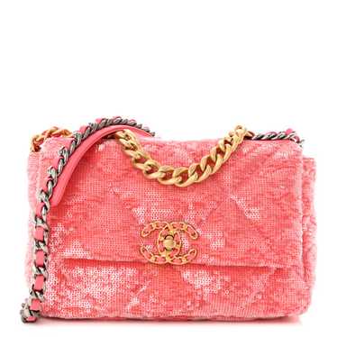 CHANEL Sequin Quilted Medium Chanel 19 Flap Coral