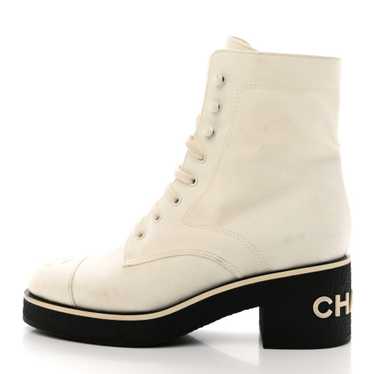 CHANEL Fabric Lace Up Combat Boots 38.5 White - image 1