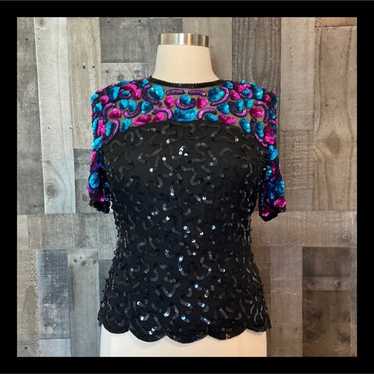 Stenay vintage beaded sequin top silk scalloped h… - image 1