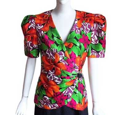 Vintage 80s Tropical Floral Pleated Sleeve Padded… - image 1