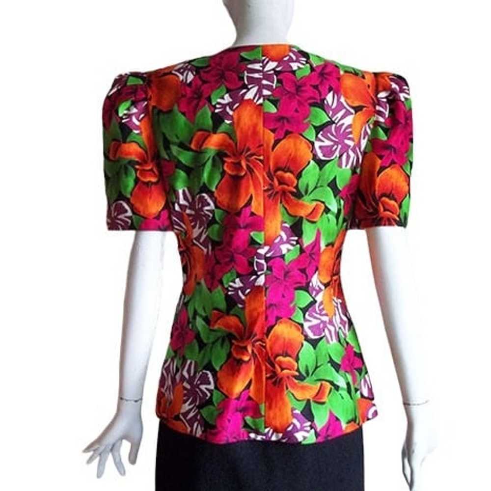 Vintage 80s Tropical Floral Pleated Sleeve Padded… - image 2