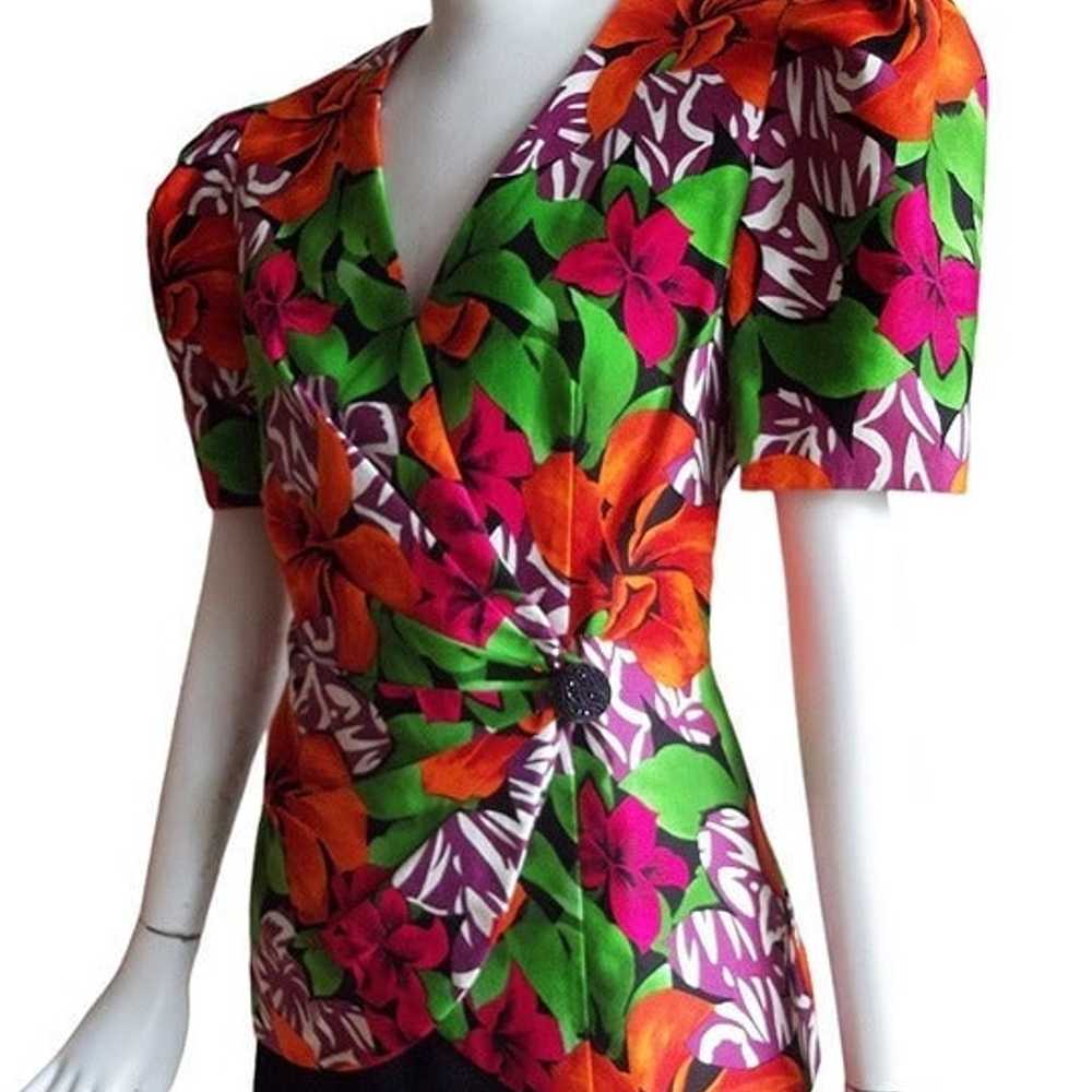 Vintage 80s Tropical Floral Pleated Sleeve Padded… - image 4