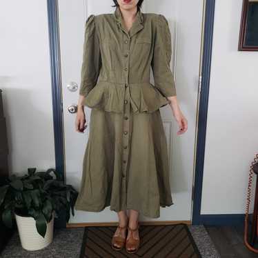80s Does 40s Army Green Peplum Dress - image 1