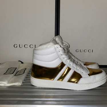 Gucci White Metallic Gold Padded Leather High Top… - image 1