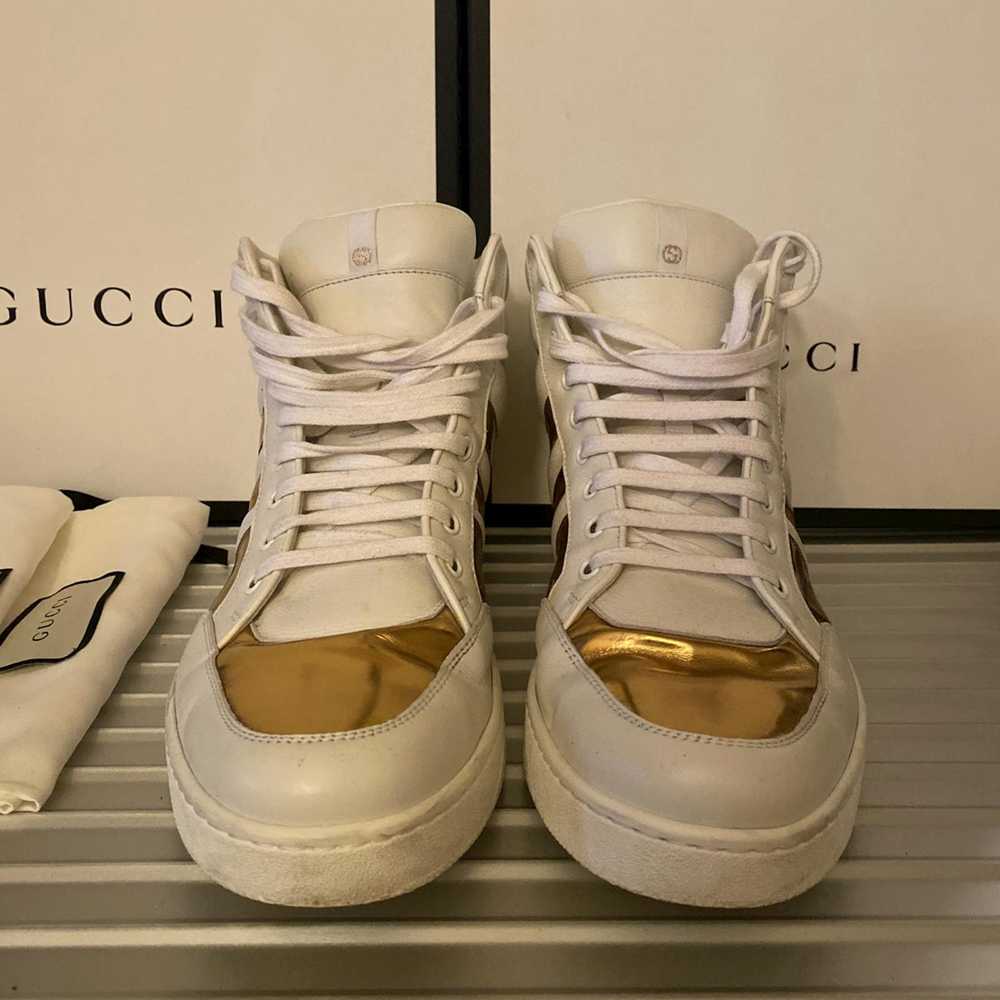 Gucci White Metallic Gold Padded Leather High Top… - image 2