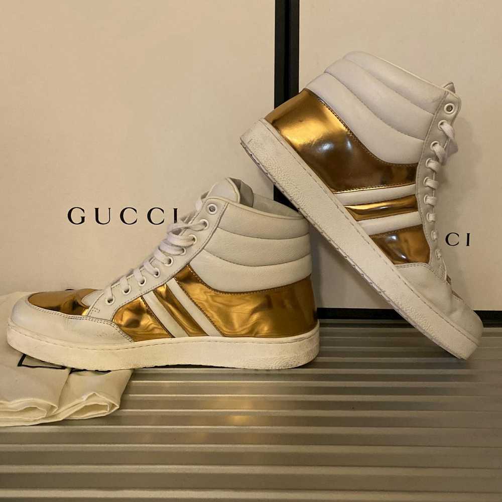 Gucci White Metallic Gold Padded Leather High Top… - image 3