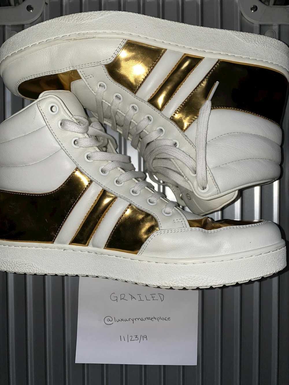 Gucci White Metallic Gold Padded Leather High Top… - image 8